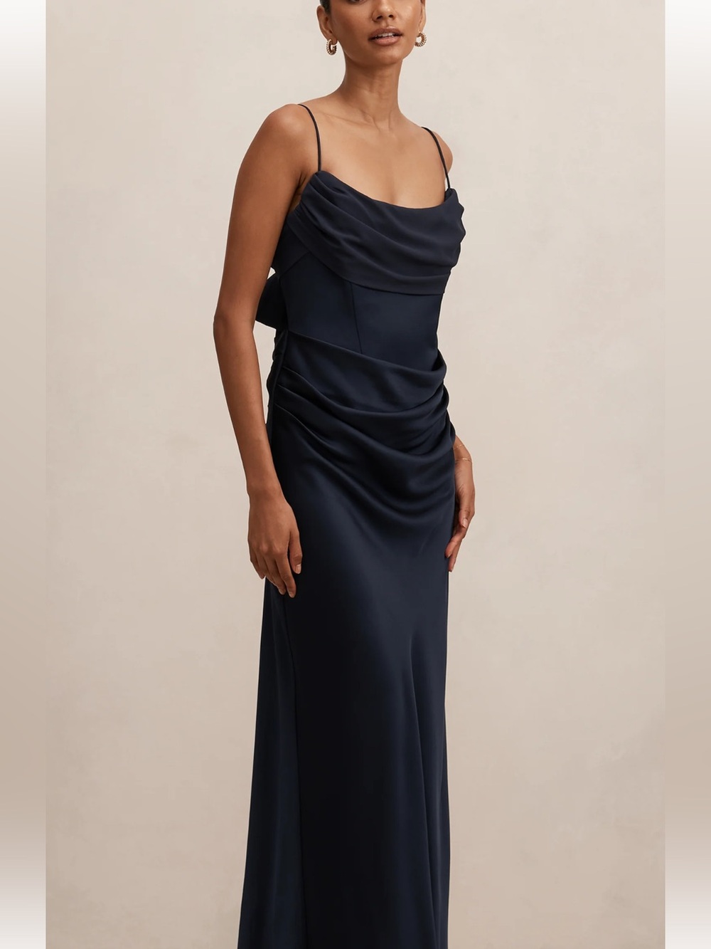 Claudia Bone Corset Cowl Neck Side Ruched Deep Blue Maxi Gown Size 6/8